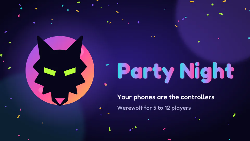 Party Night key art: a black wolf's head against a glowing pink moon, with confetti on a deep purple night.