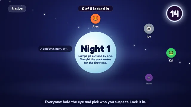 Night 1 on the TV: a glowing moon, players' avatars around it, a countdown and a count of who has locked in.