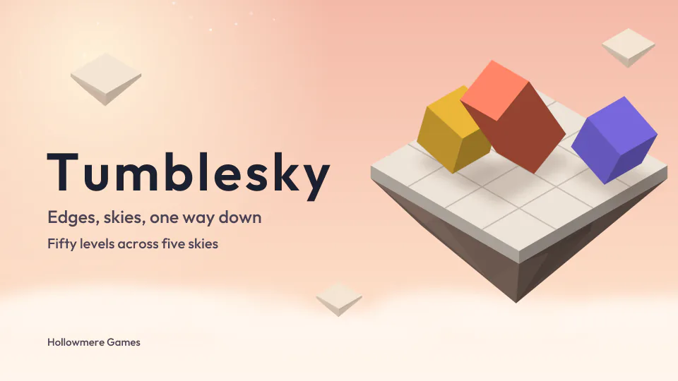 Tumblesky key art: three coloured blocks tumbling on a floating stone island in a peach sky.