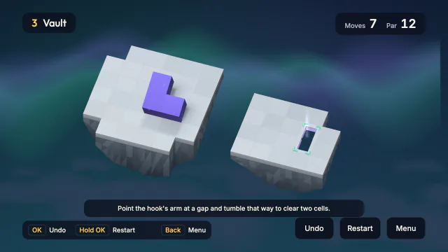 Level 3, Vault, in Aurora: a purple L-shaped block on one island, with the socket on a second island across a gap.