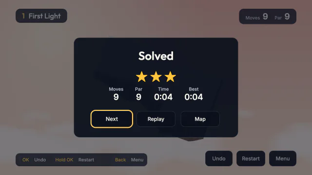 The Solved card for level 1, First Light: three stars, 9 moves against a par of 9, and buttons for Next, Replay and Map.